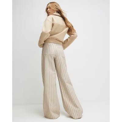 Beige Stripe Wide Leg Jeans