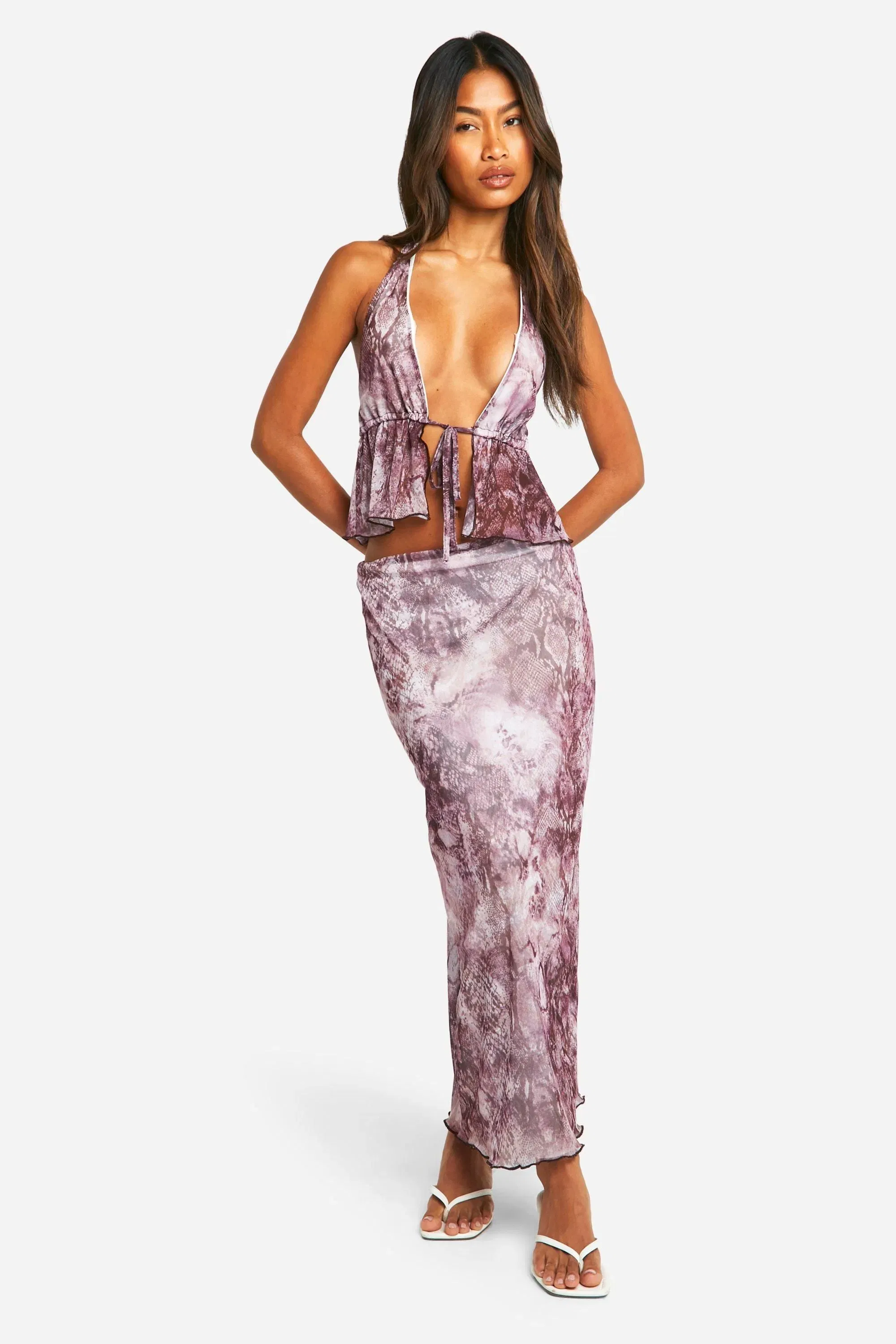 Snake Print Mesh Low Rise Midaxi Skirt
