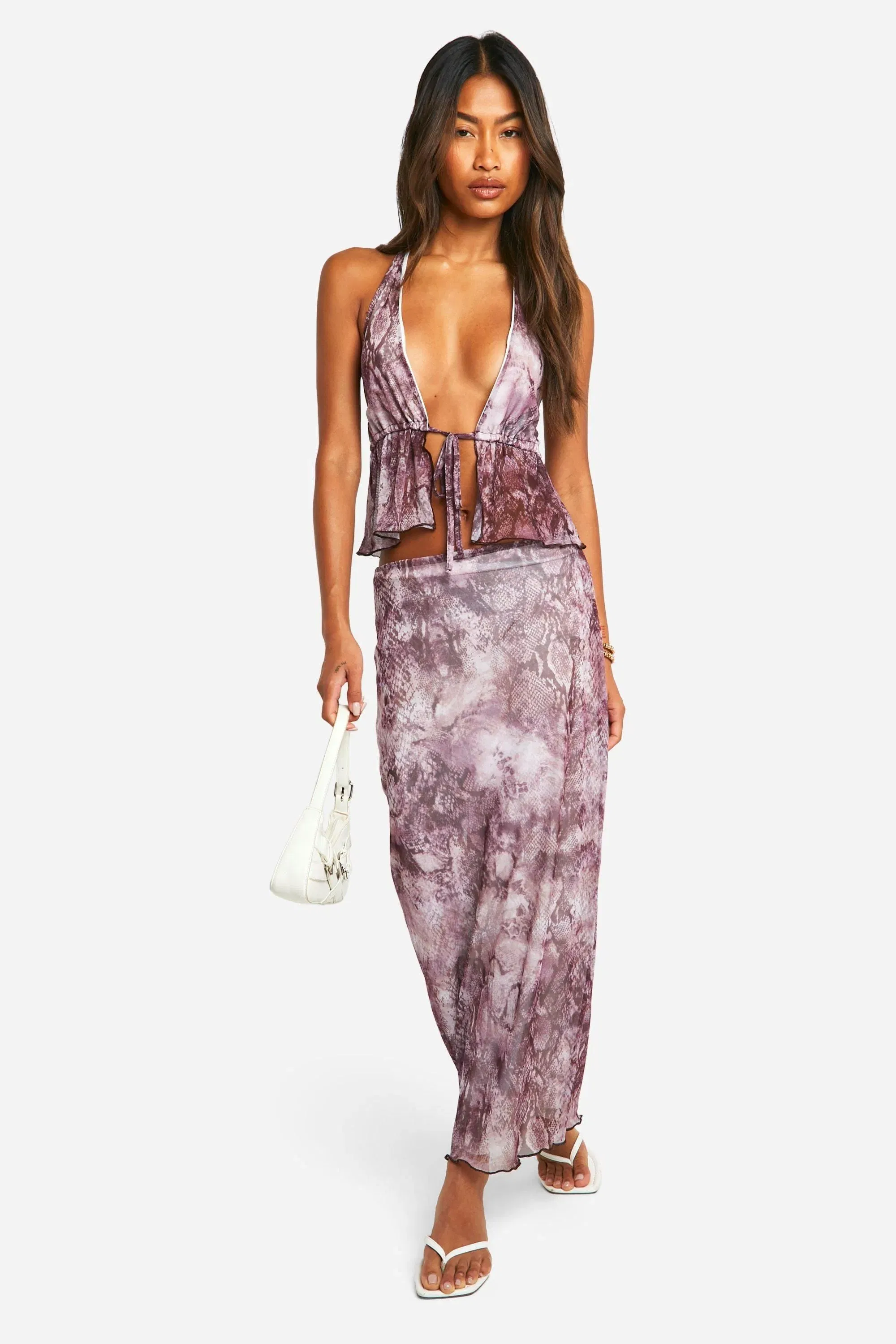 Snake Print Mesh Low Rise Midaxi Skirt