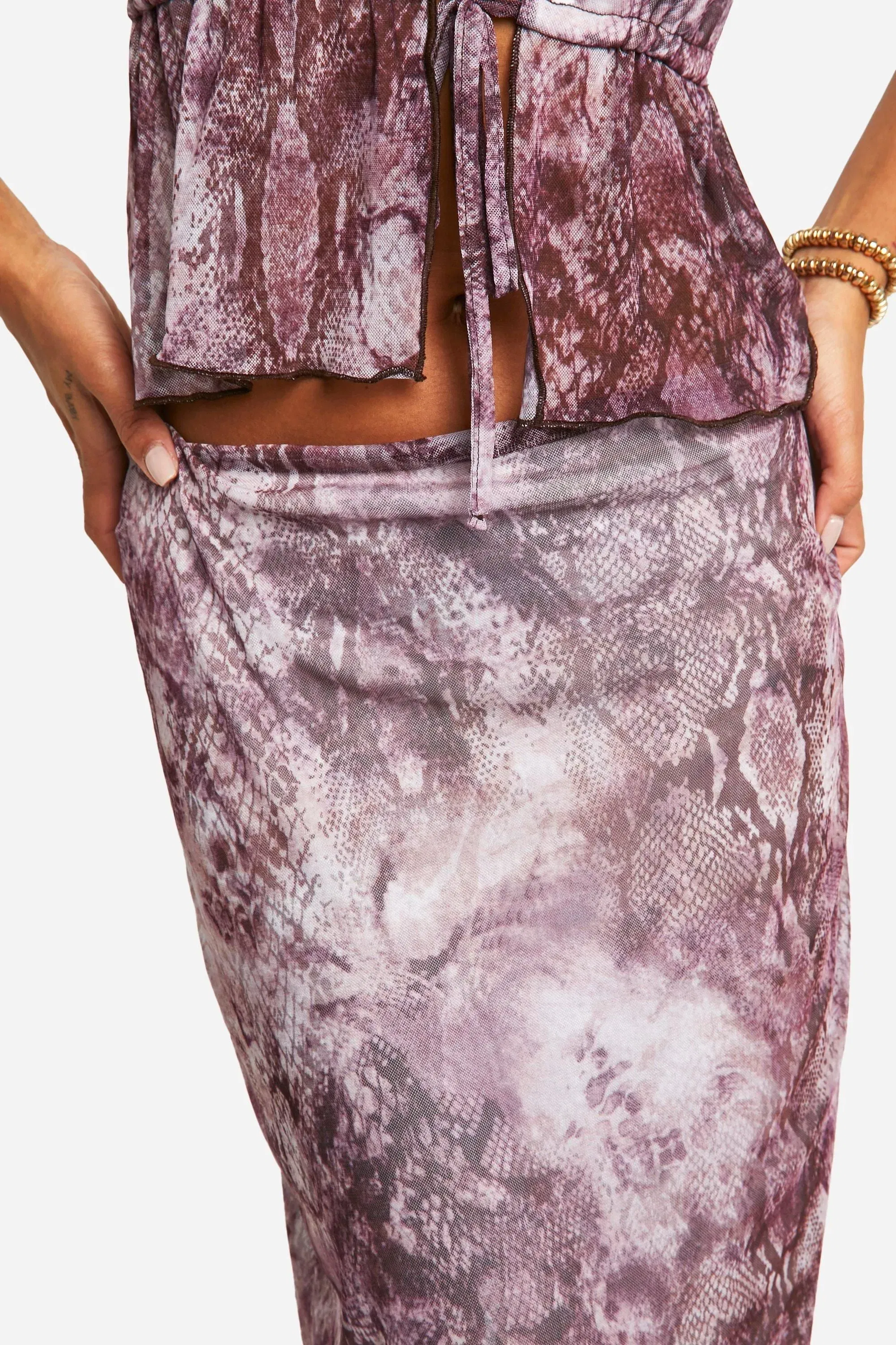 Snake Print Mesh Low Rise Midaxi Skirt