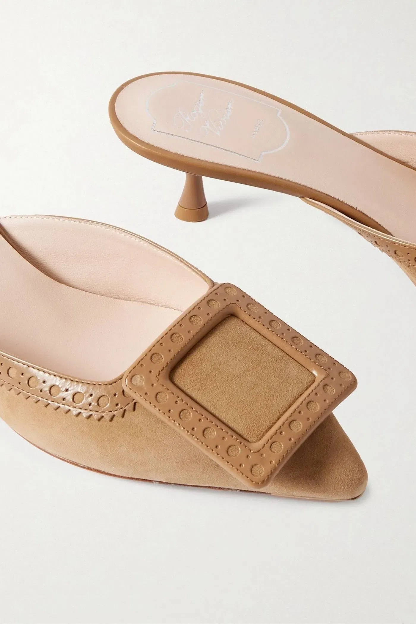 Roger Vivier Viv In The City 45 Buckled Perforated Leather-Trimmed Suede Mules Sand Women's