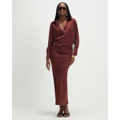 Brown Satin Long Sleeve Slim Fit Shirt