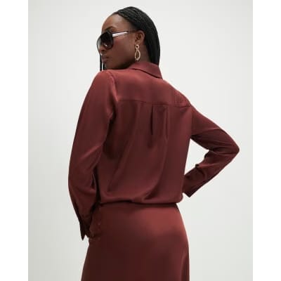 Brown Satin Long Sleeve Slim Fit Shirt