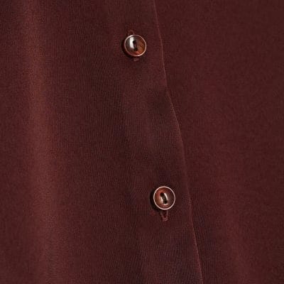 Brown Satin Long Sleeve Slim Fit Shirt