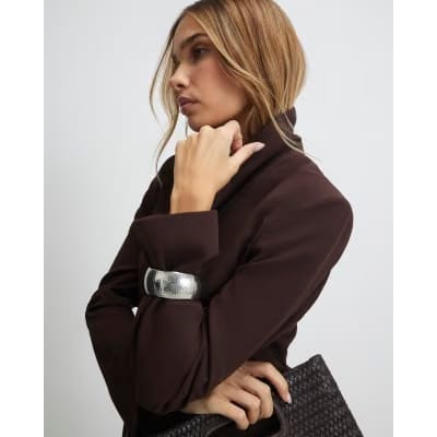 Brown Crepe Ruched Sleeve Blazer