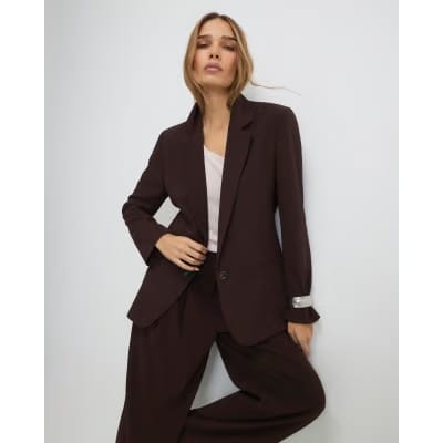 Brown Crepe Ruched Sleeve Blazer