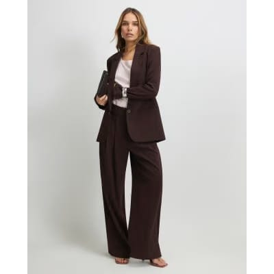 Brown Crepe Ruched Sleeve Blazer