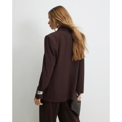 Brown Crepe Ruched Sleeve Blazer