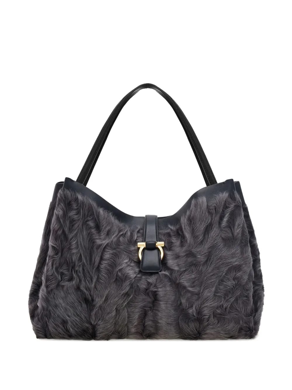 large fur-embellished top-handle tote bag