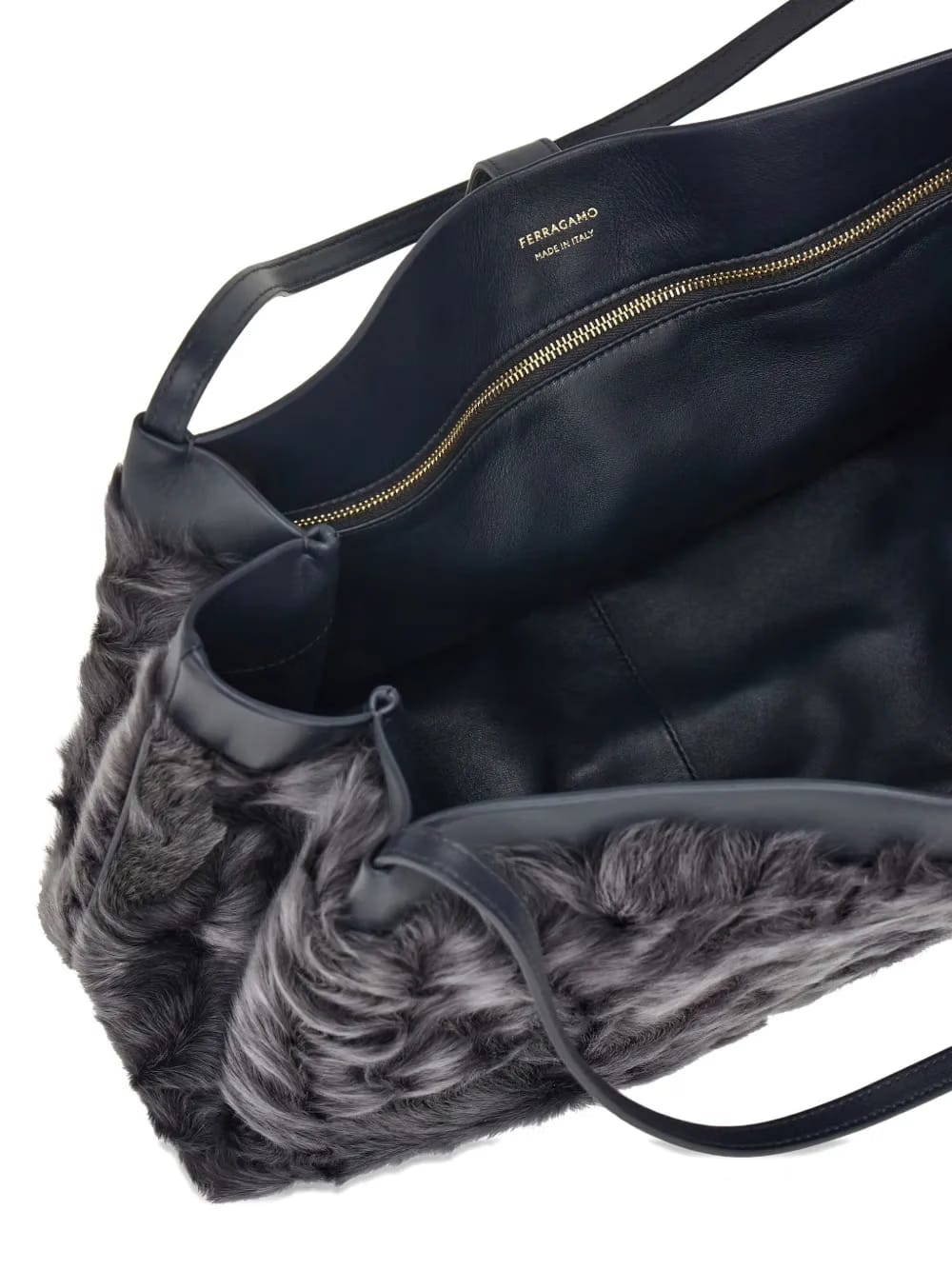 large fur-embellished top-handle tote bag