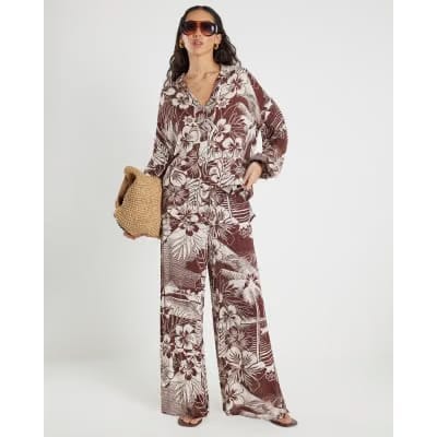 Brown Tropical Print Beach Trousers