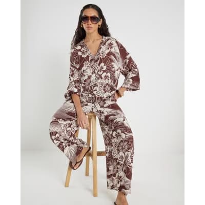Brown Tropical Print Beach Trousers