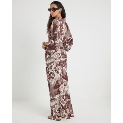 Brown Tropical Print Beach Trousers