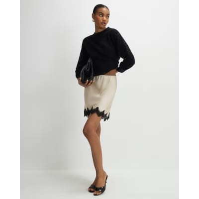Cream Lace Trim Satin Mini Skirt