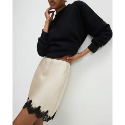 Cream Lace Trim Satin Mini Skirt