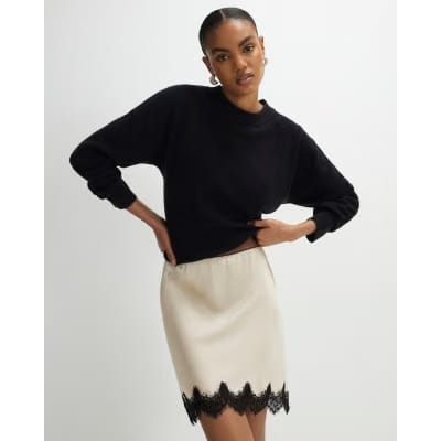 Cream Lace Trim Satin Mini Skirt