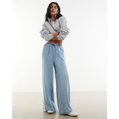 Blue Wide Leg Pyjama Style Drawstring Jeans