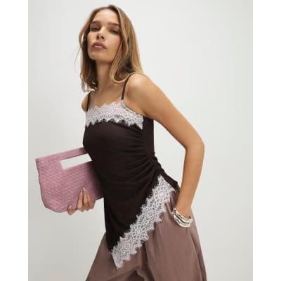 Brown Sleeveless Lace Trim Cami Top