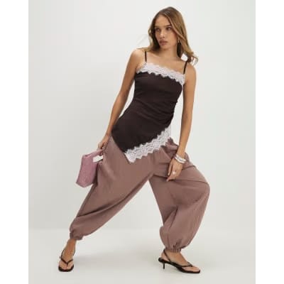 Brown Sleeveless Lace Trim Cami Top