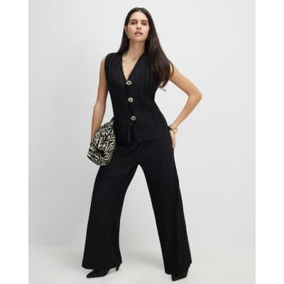 Black Plisse Wide Leg Trousers