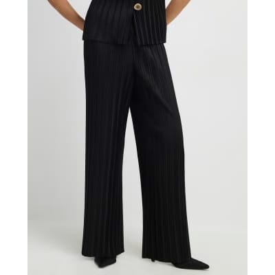Black Plisse Wide Leg Trousers