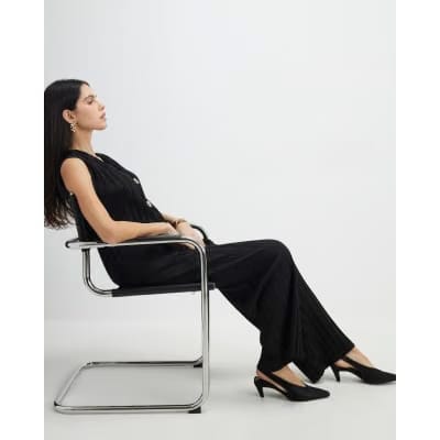 Black Plisse Wide Leg Trousers