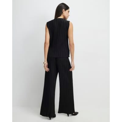 Black Plisse Wide Leg Trousers