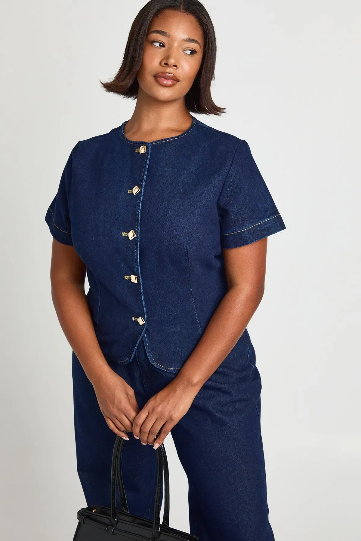 Plus Gold Button Short Sleeve Denim Top