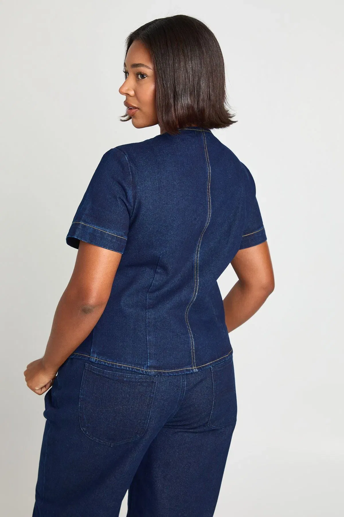 Plus Gold Button Short Sleeve Denim Top