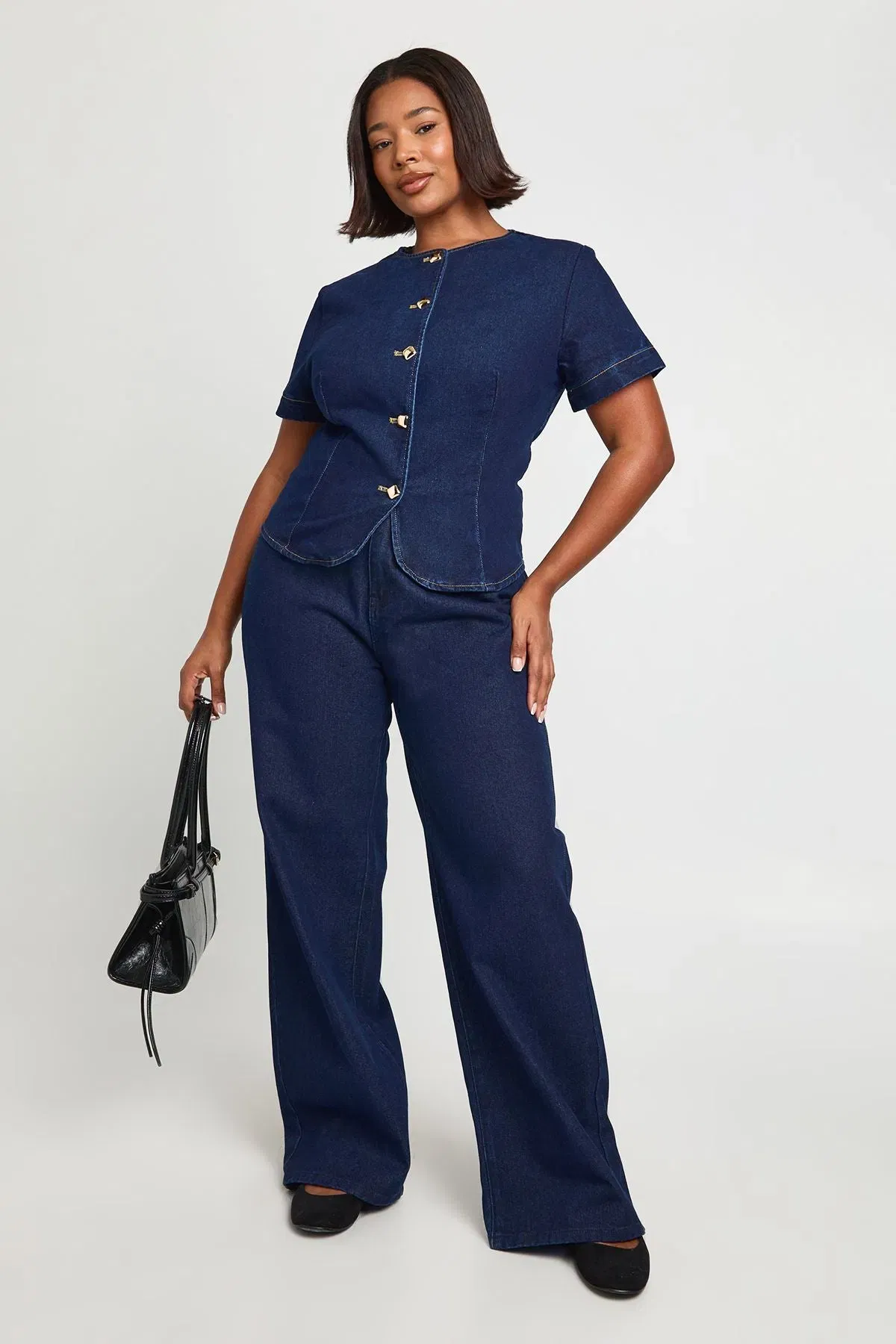 Plus Gold Button Short Sleeve Denim Top
