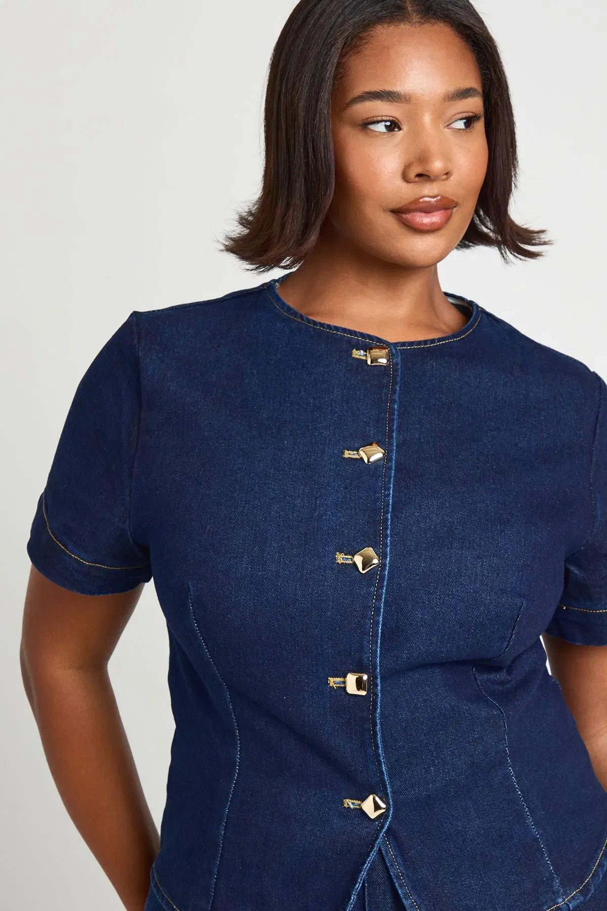 Plus Gold Button Short Sleeve Denim Top