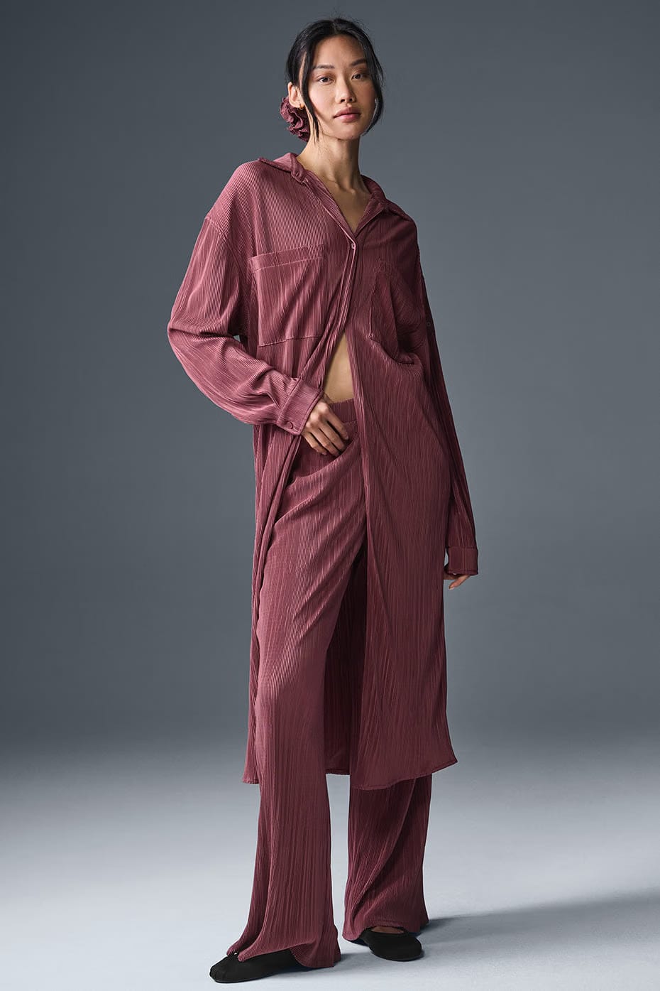 High-Waist Micro Plisse Straight Leg Pant