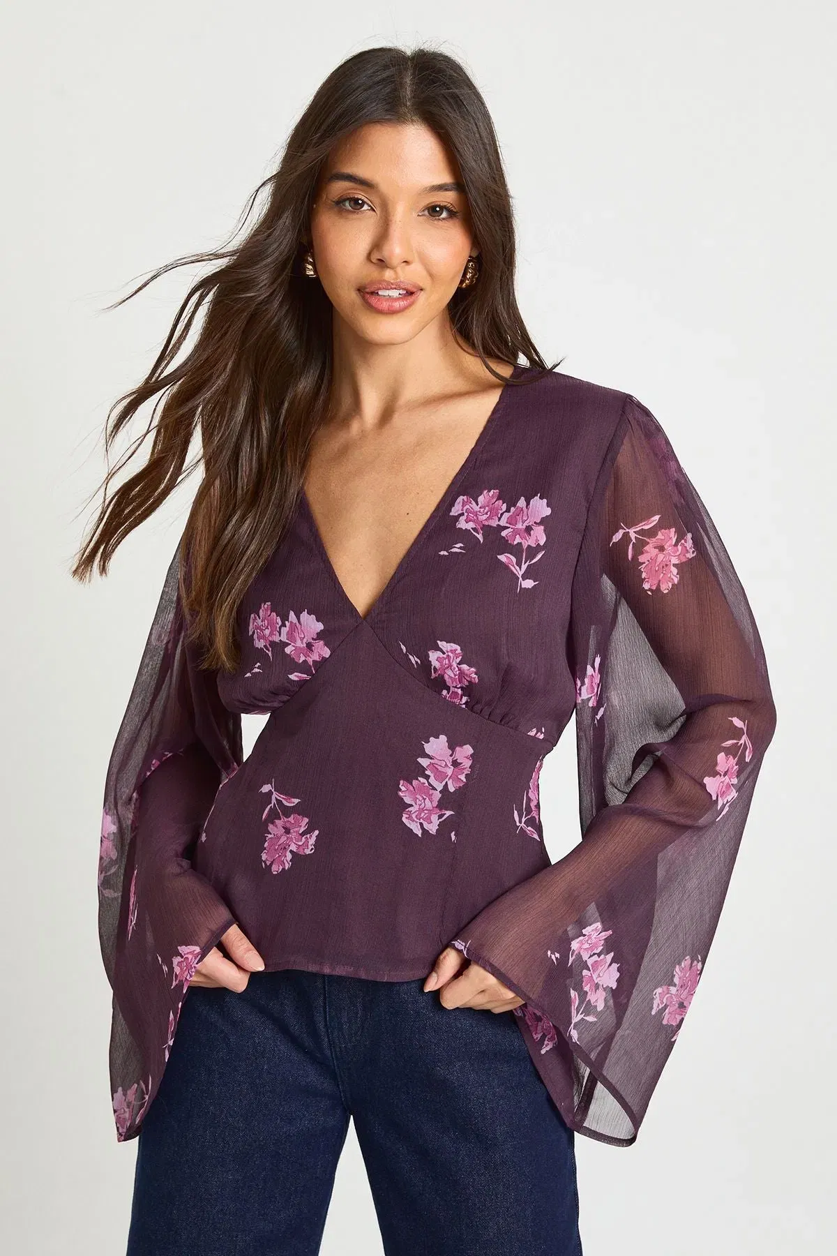 Floral Chiffon Angel Sleeve Blouse
