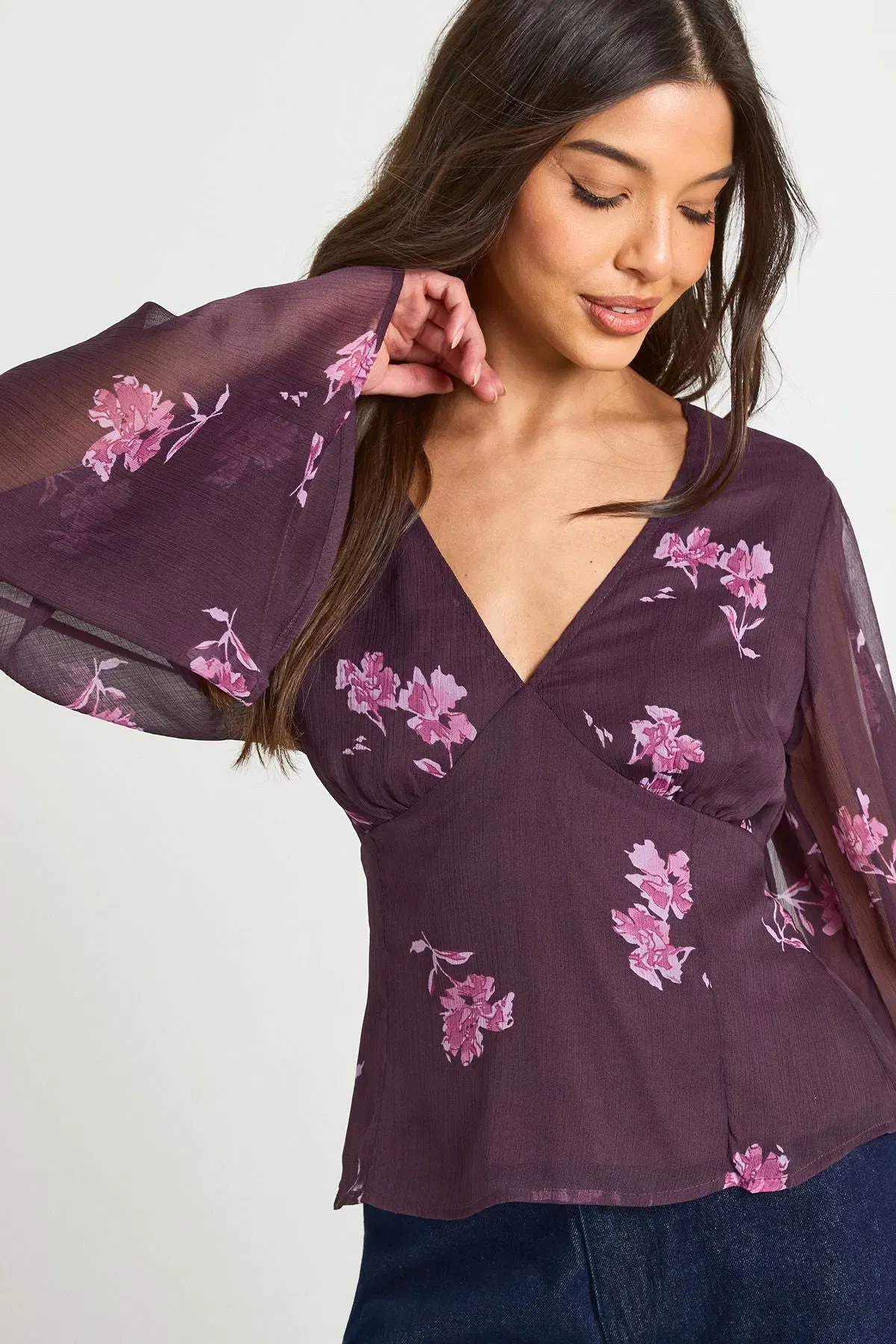 Floral Chiffon Angel Sleeve Blouse
