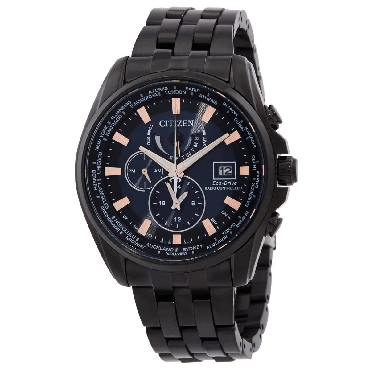 Citizen Eco-Drive Perpetual Alarm World Time Gmt Black Dial Mens Watch