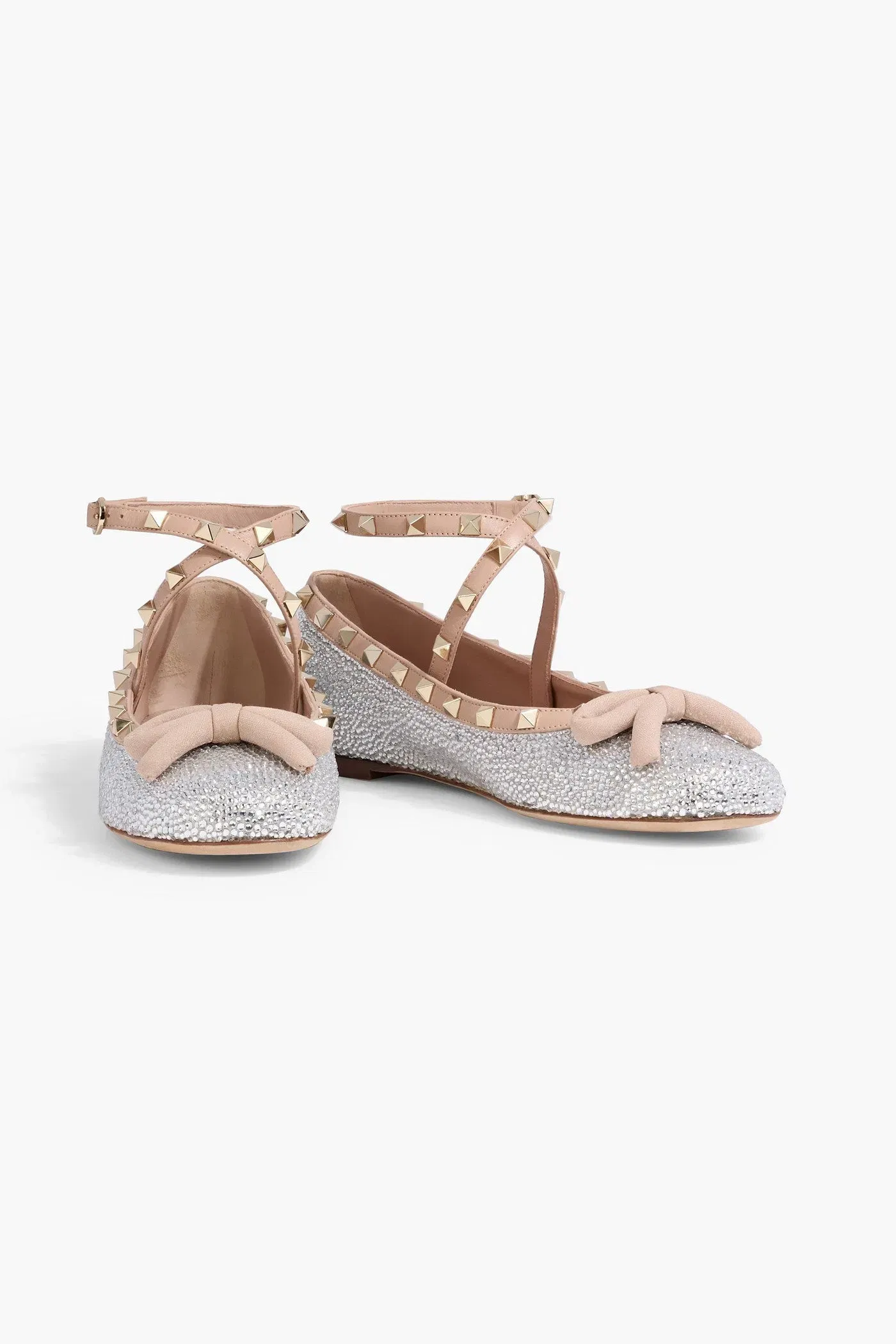 Valentino Garavani Rockstud Embellished Leather Mary Jane Flats Silver Women's