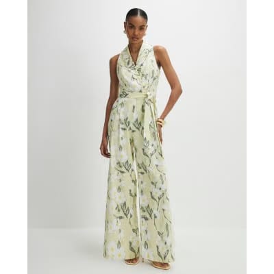 Green Floral Scallop Linen Blend Jumpsuit