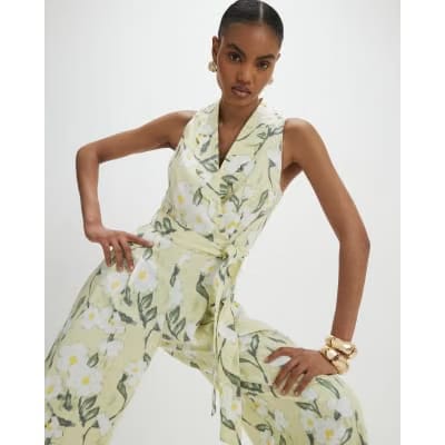 Green Floral Scallop Linen Blend Jumpsuit