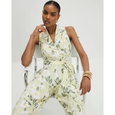 Green Floral Scallop Linen Blend Jumpsuit