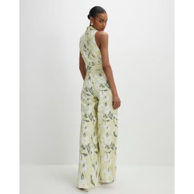 Green Floral Scallop Linen Blend Jumpsuit