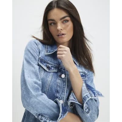 Blue Long Sleeve Denim Mini Shirt Dress