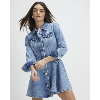 Blue Long Sleeve Denim Mini Shirt Dress