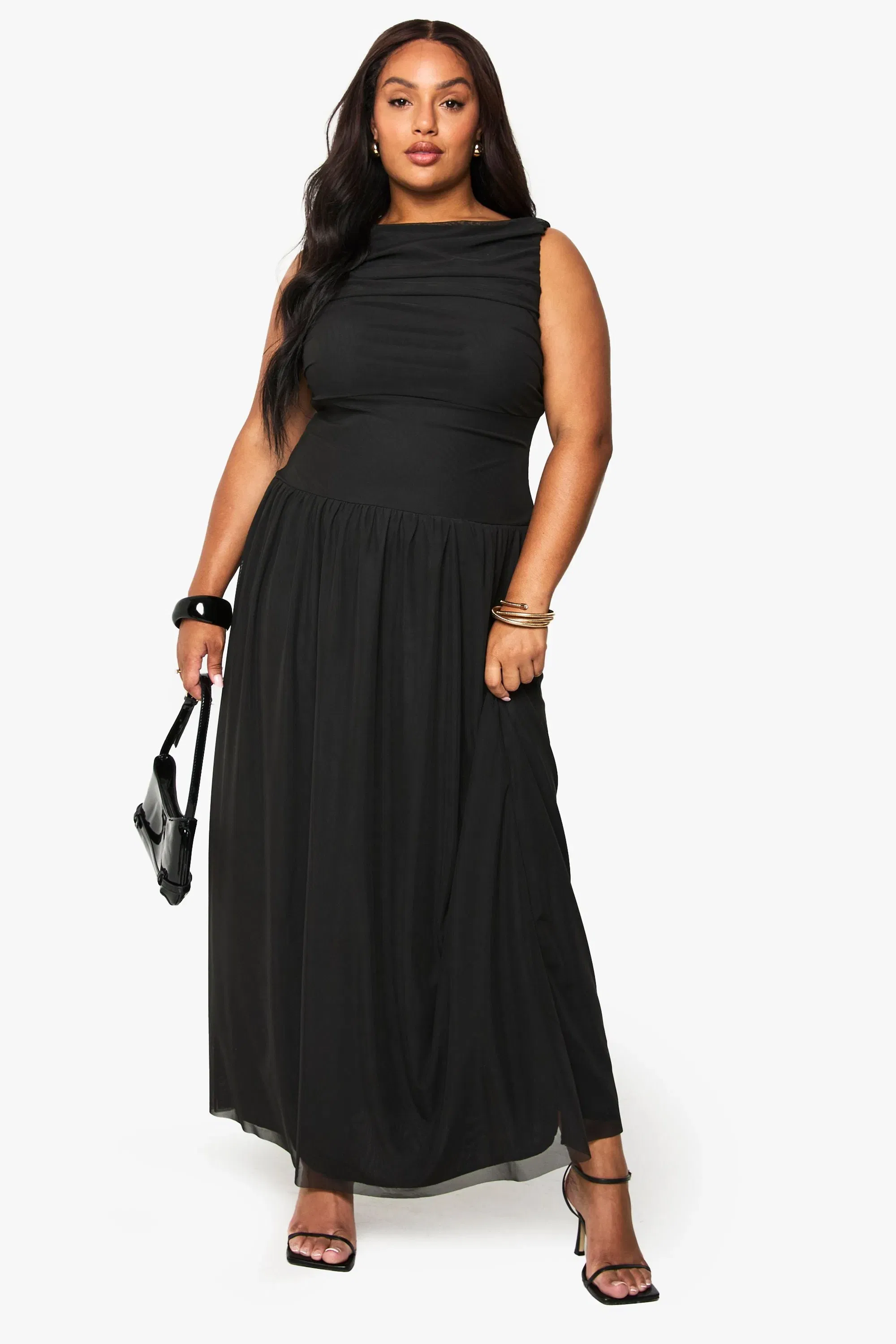 Plus Mesh Ruched Drop Hem Maxi Dress