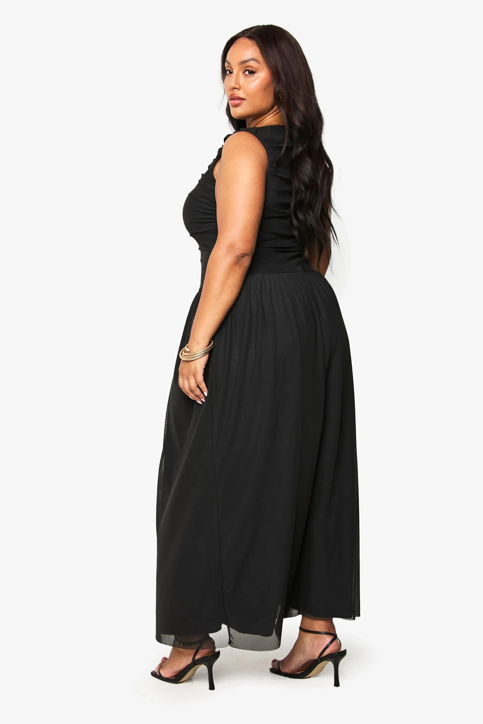 Plus Mesh Ruched Drop Hem Maxi Dress