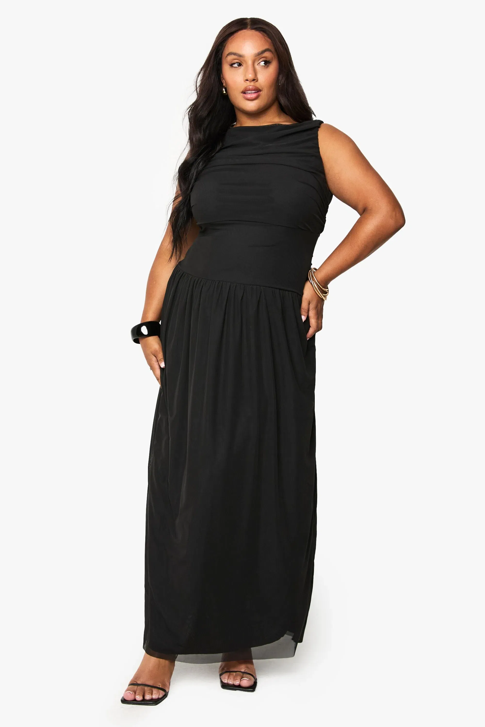 Plus Mesh Ruched Drop Hem Maxi Dress