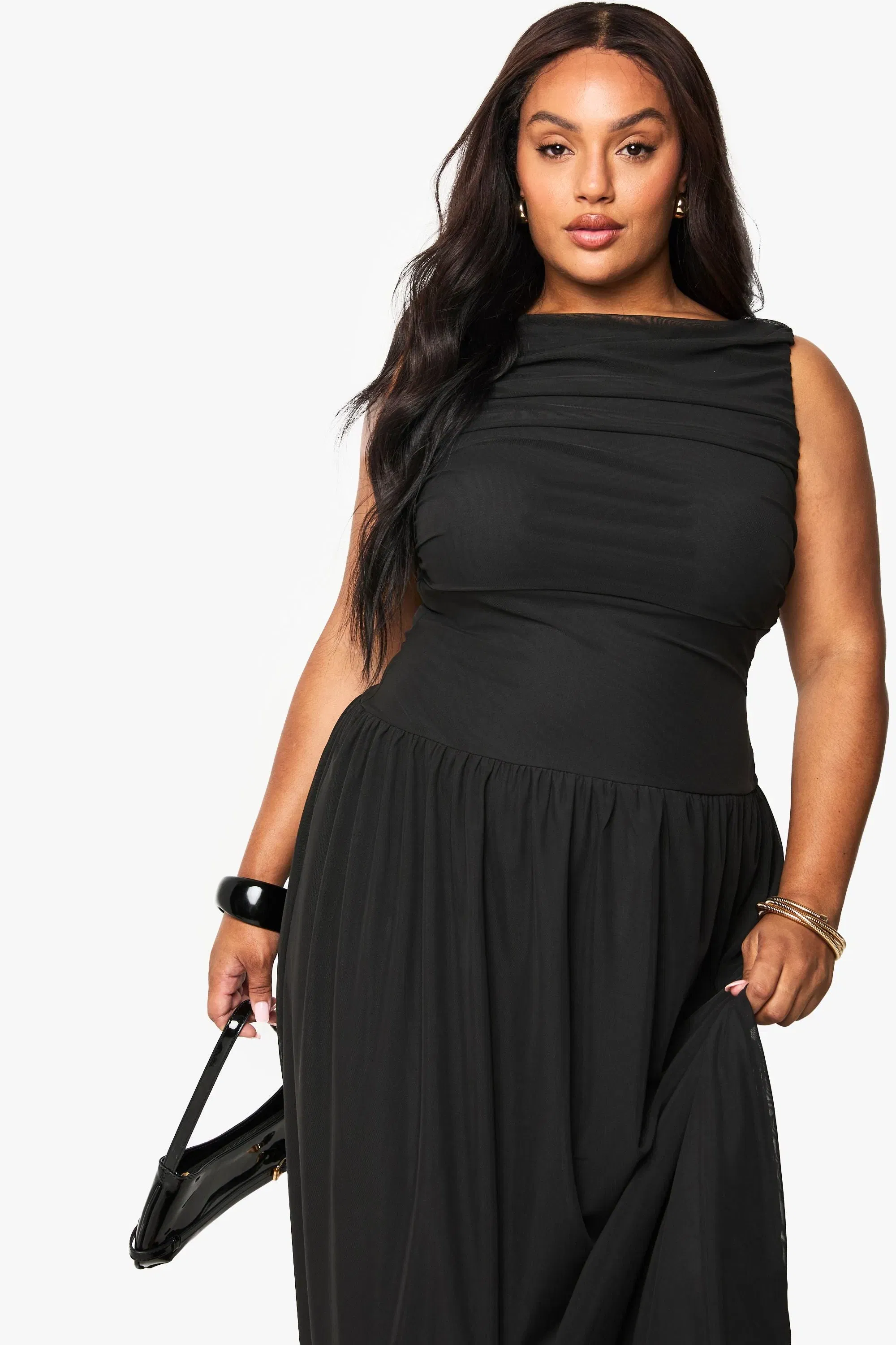 Plus Mesh Ruched Drop Hem Maxi Dress