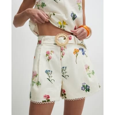 Cream Linen Blend Floral Belted Shorts