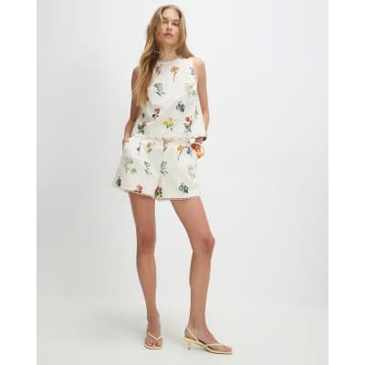 Cream Linen Blend Floral Belted Shorts