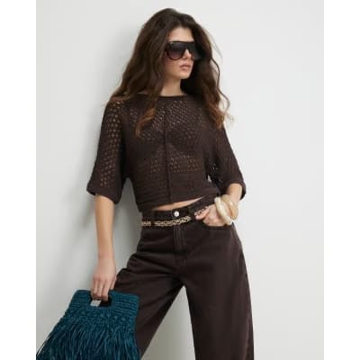 Brown Open Stitch Knitted T-Shirt