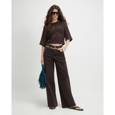 Brown Open Stitch Knitted T-Shirt